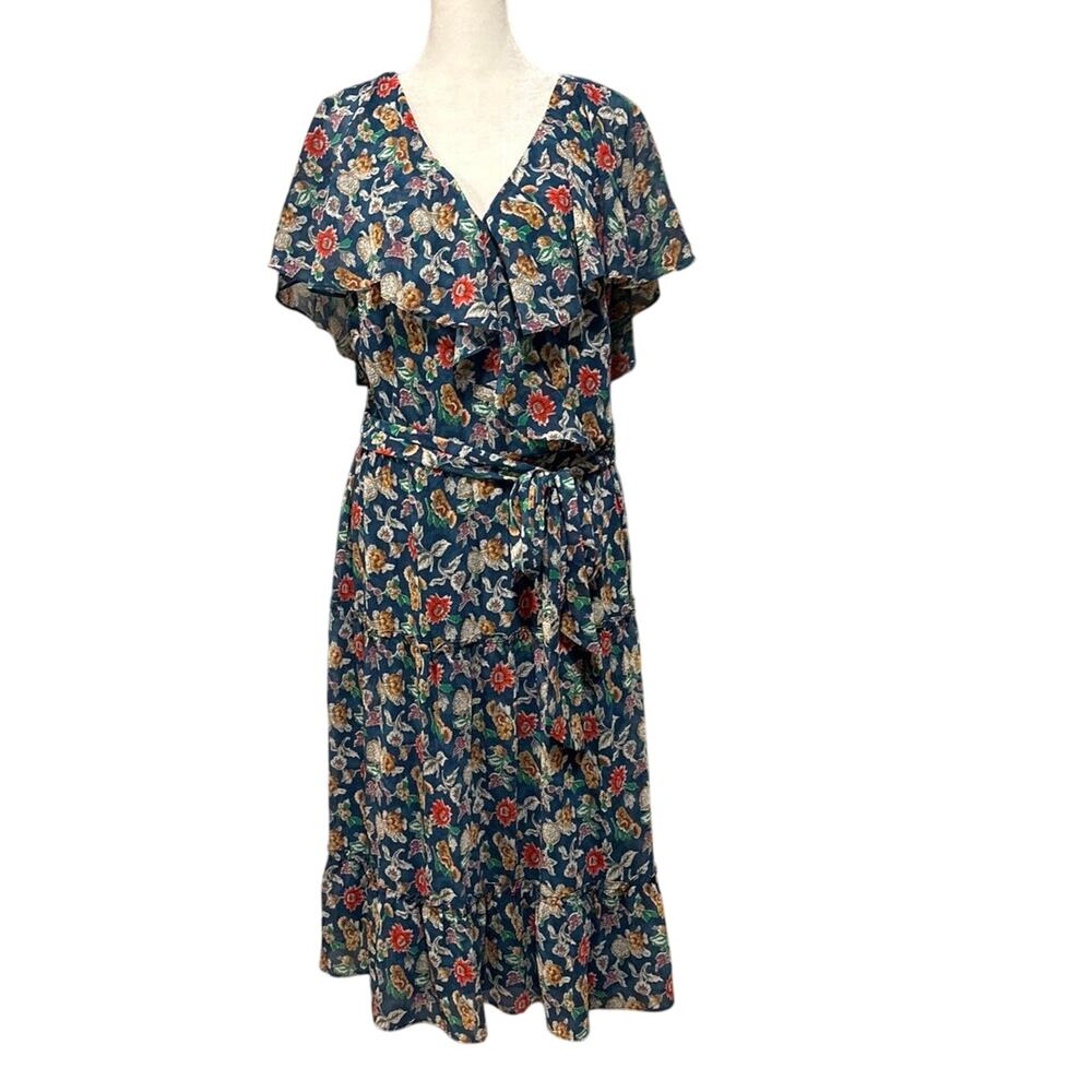 Lauren Ralph Lauren LRL Size 12 Floral Print Midi Dress Crepe Lined Blue